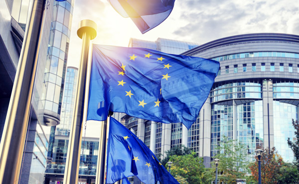 European Union flags waving in front of modern buildings showcasing unity and collaboration among member nations