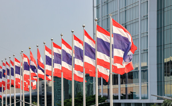 row of Thai flags waving in the breeze outside a modern building showing national pride and culture with six flags prominently displayed