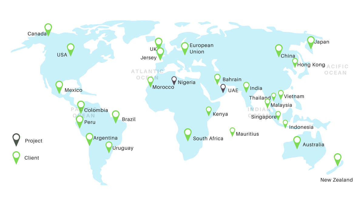 World map highlighting various countries with markers for client and project location
