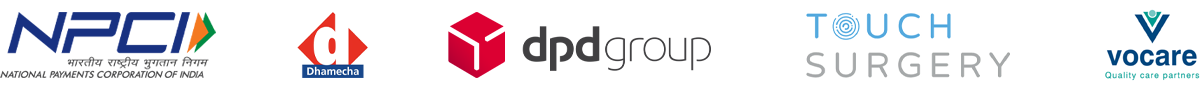 logos of various companies including NPCI Dhamencha dpdgroup Touch Surgery and vocare showcasing payment solutions