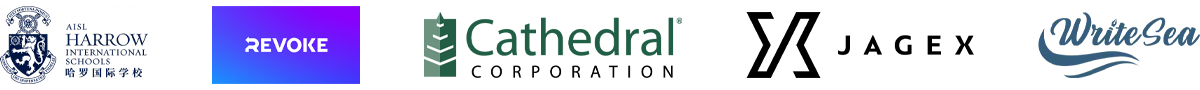 logos of companies including Harrow International Schools Revoked Cathedral Corporation Jagex and WriteSea