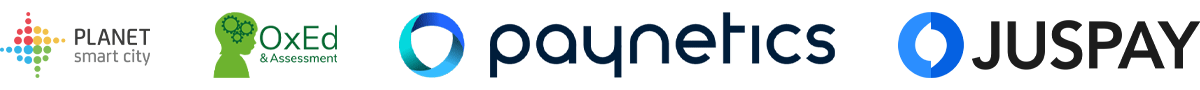 logos of various companies including PLANET smart city OxEd assessment paynetics and JUSPAY illustrating collaboration in smart technology and finance solutions