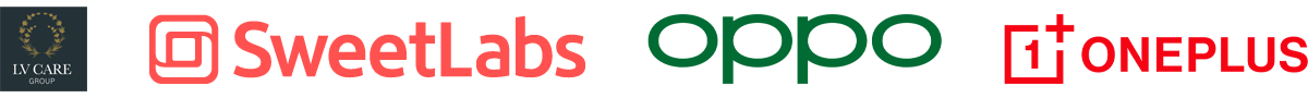 Logo collage featuring LV Care Group, SweetLabs, Oppo, and OnePlus