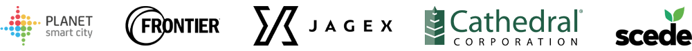 logos of companies including Planet Smart City Frontier Jagex Cathedral Corporation and Scede showcasing innovation and technology