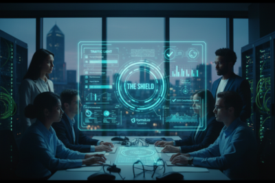 A Formiti technical lead in a Birmingham operations center monitoring a digital 'Shield' interface. The display visualizes real-time security data for schools, including 'AI Guardrails,' 'DfE Filtering & Monitoring Compliance,' and 'EdTech Risk Scores.' The image represents the technical security layer that protects Birmingham Academy Trusts from cyber threats and data sprawl