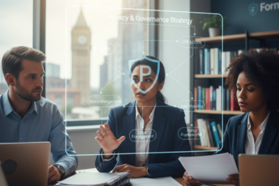 A diverse team of Formiti privacy experts in a modern Birmingham office discussing a 'Privacy & Governance Strategy' digital flowchart. The interface displays education-specific compliance terms including 'UK GDPR', 'DfE Standards', and 'SARs Management', representing the strategic data protection support provided to schools.